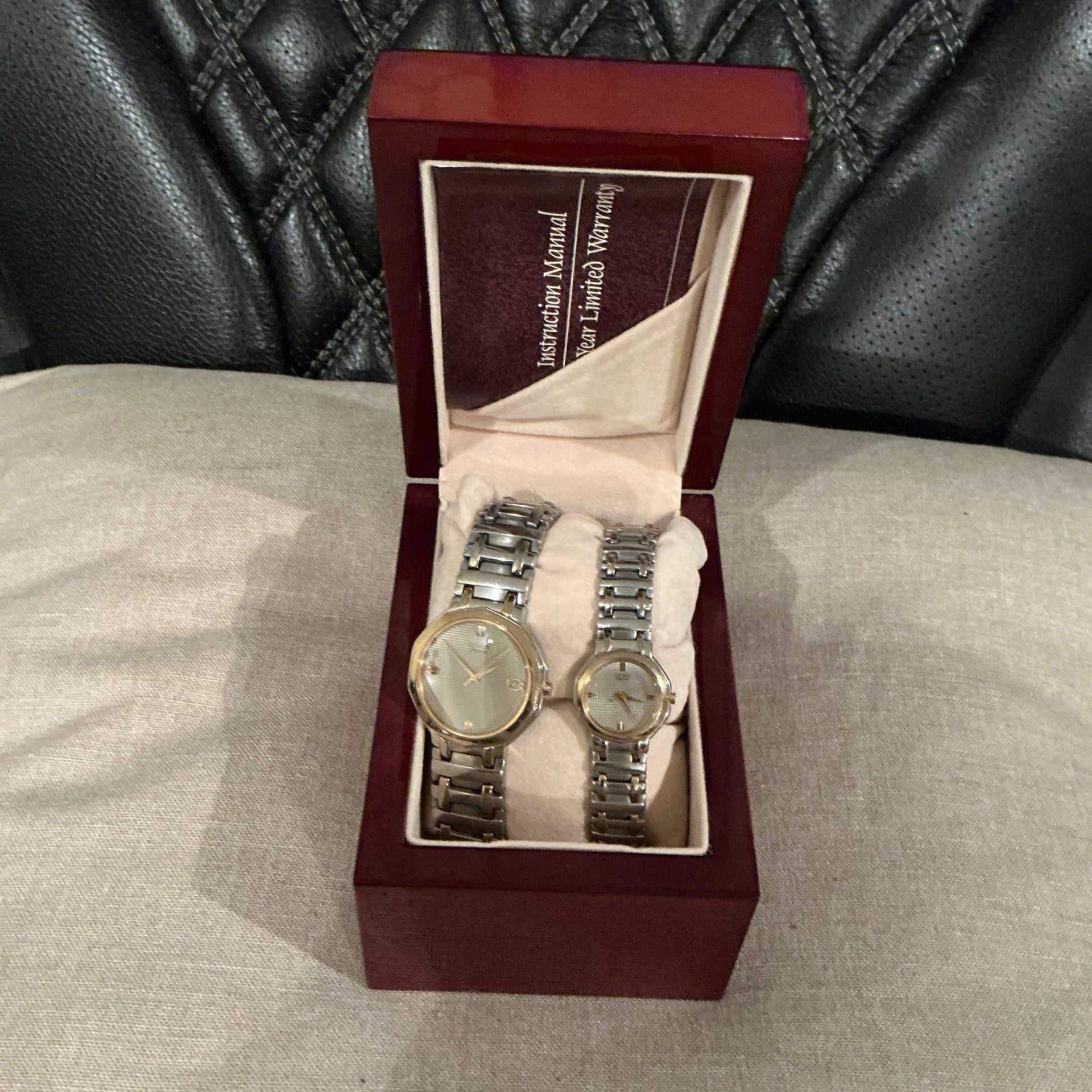 Matching His And Hers TwoTone Watch Set In Original Wood Box